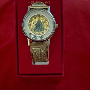 Gold Watch with Christmas Tree Design